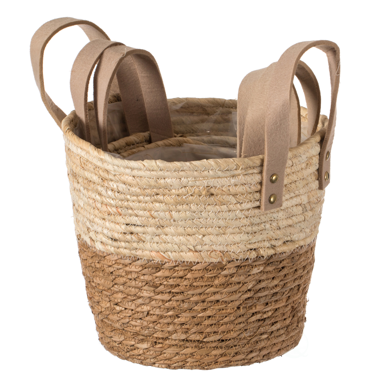 Decorative Brown Corn Rope-Straw Round Storage Basket Set Of 3 With Rope Handles