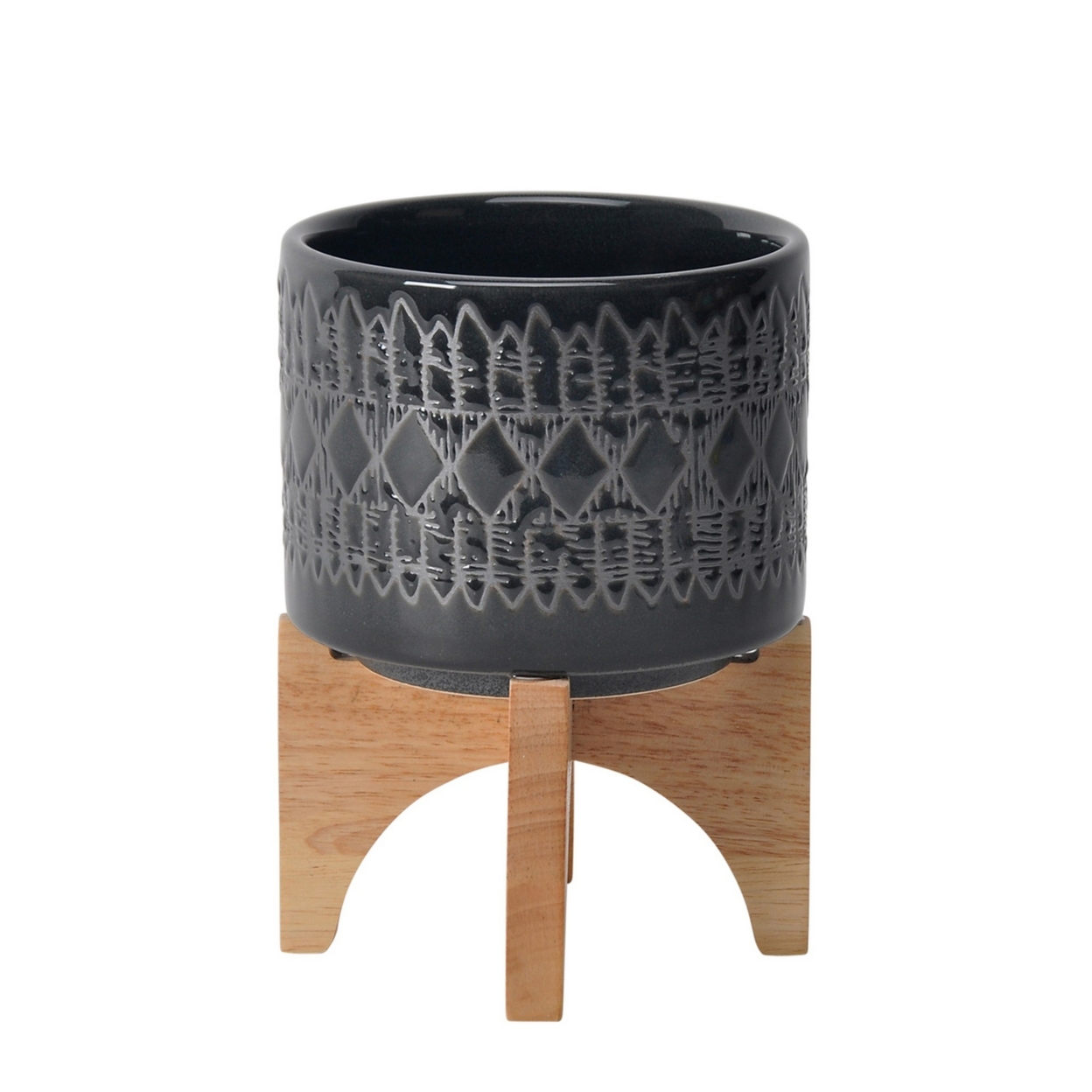Planter With Wooden Stand And Native Design, Small, Black- Saltoro Sherpi