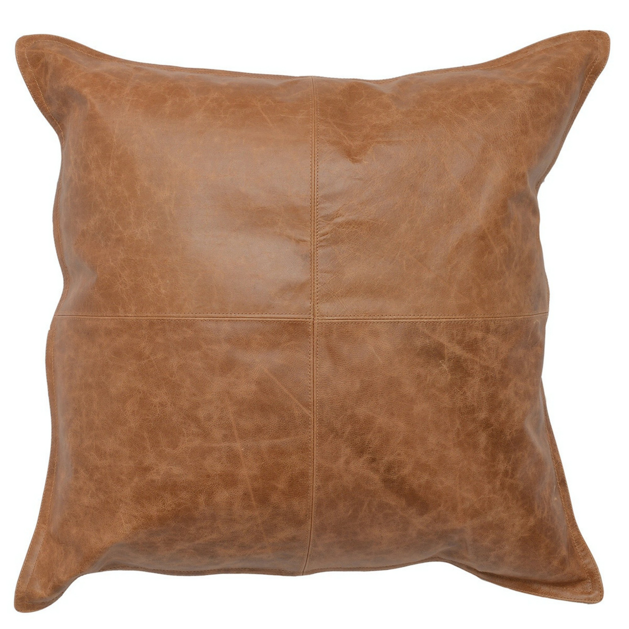 Square Leatherette Throw Pillow With Stitched Details, Brown- Saltoro Sherpi