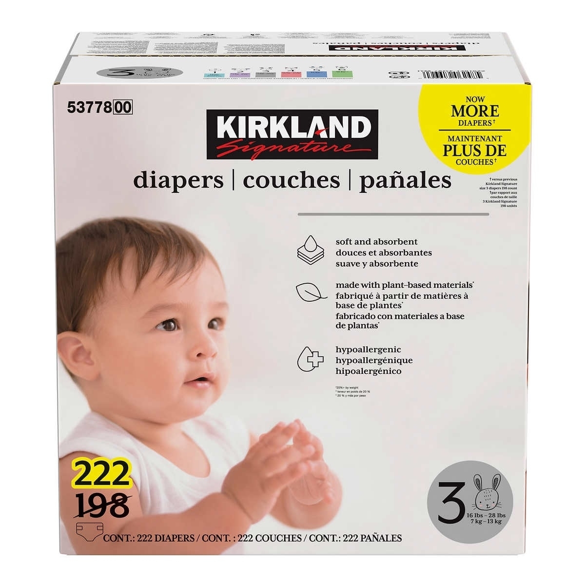 Kirkland Signature Diapers, Size 3 (16-28 Pounds), 222 Count