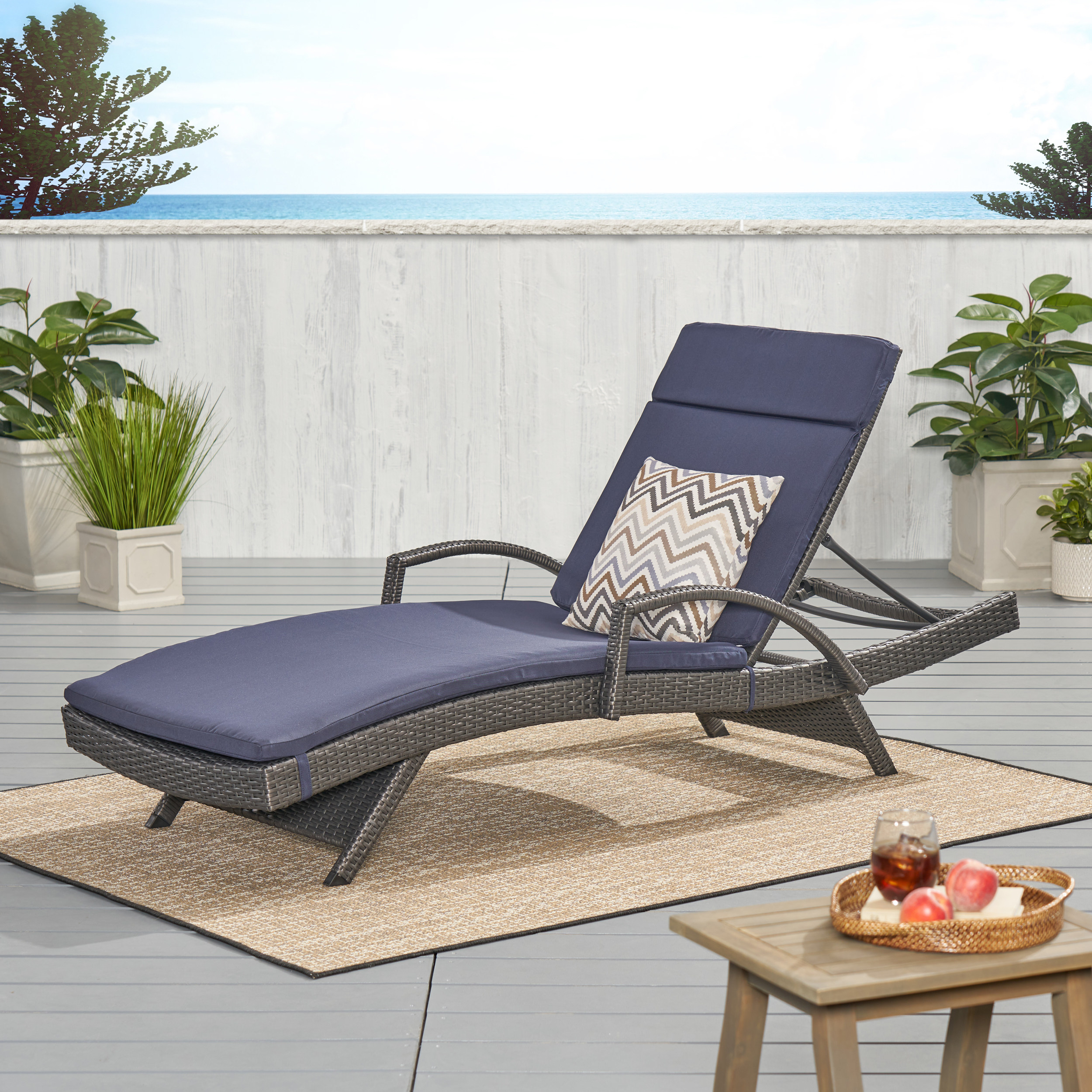 Solaris Outdoor Grey Wicker Armed Chaise Lounge With Water Resistant Cushion - Navy Blue