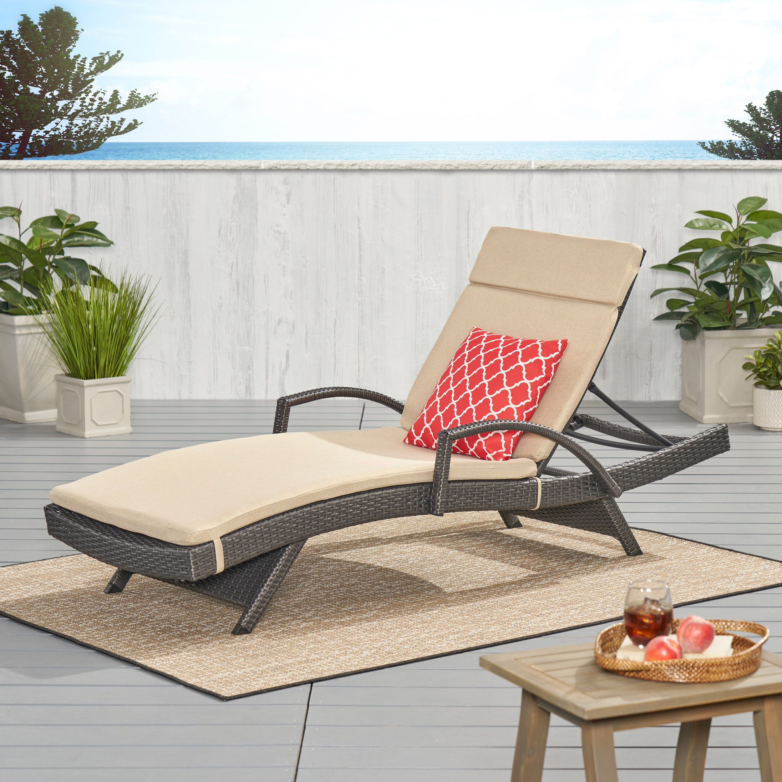 Solaris Outdoor Grey Wicker Armed Chaise Lounge With Water Resistant Cushion - Navy Blue
