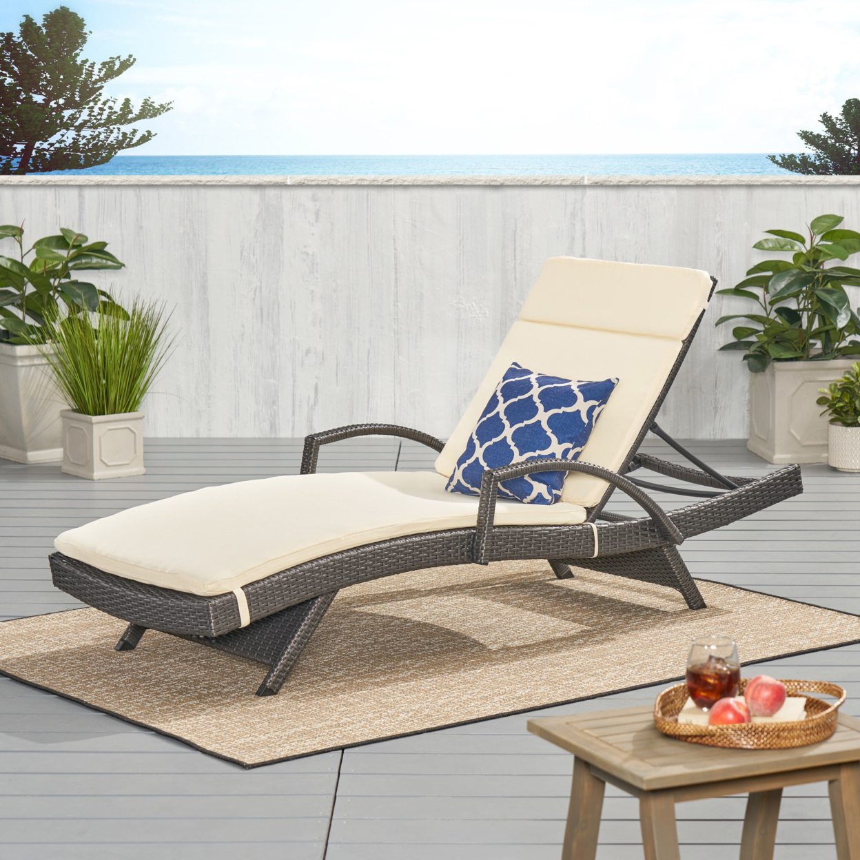 Solaris Outdoor Grey Wicker Armed Chaise Lounge With Water Resistant Cushion - Beige