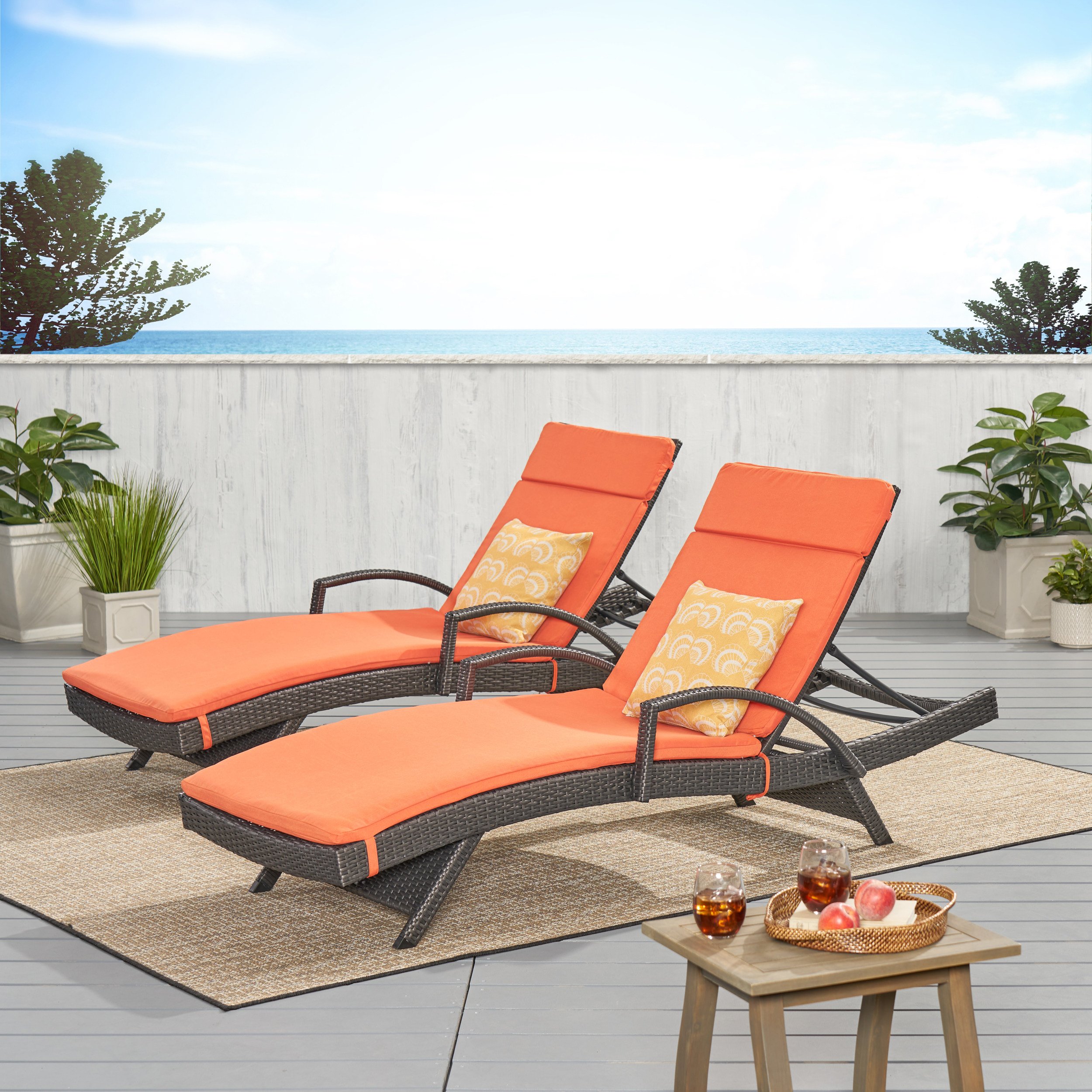 Soleil Outdoor Wicker Chaise Lounges With Water Resistant Cushions (Set Of 2) - Brown & White Stripe