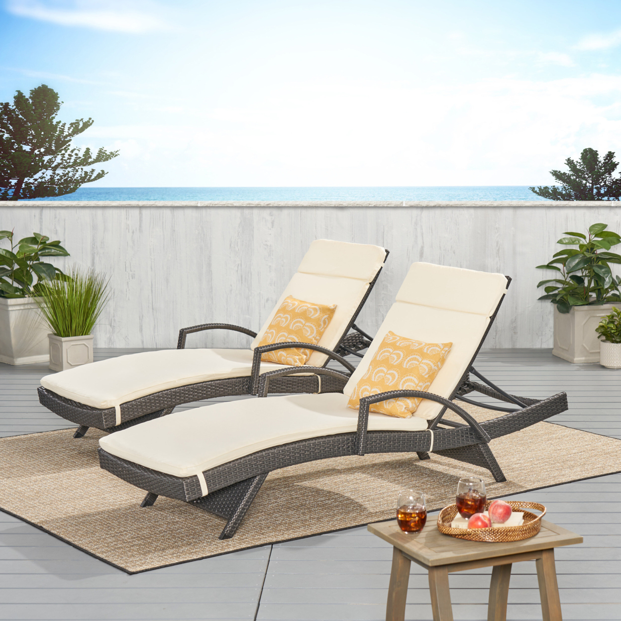 Soleil Outdoor Wicker Chaise Lounges With Water Resistant Cushions (Set Of 2) - Beige