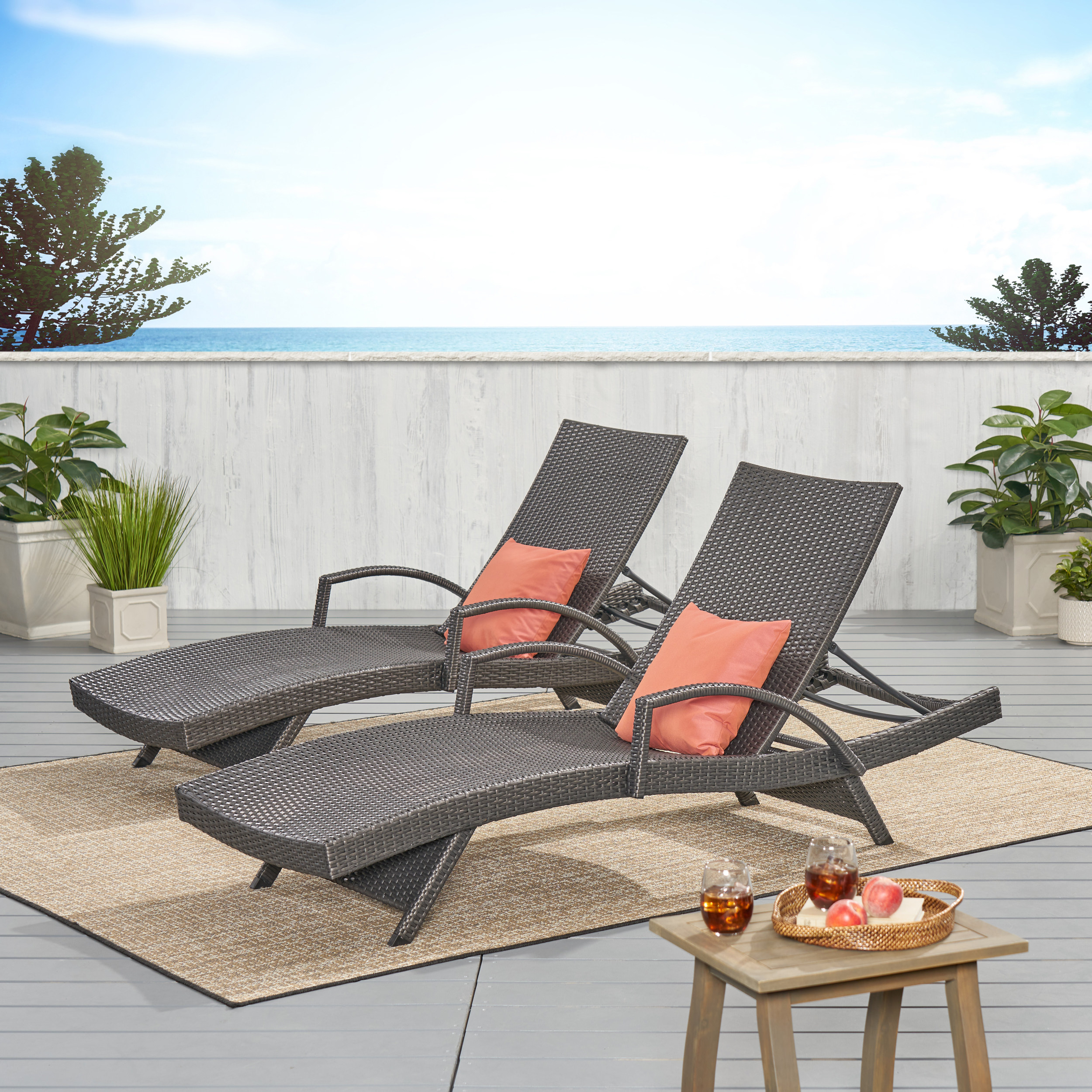 Soleil Outdoor Gray Wicker Arm Chaise Lounges - Gray, Set Of 2