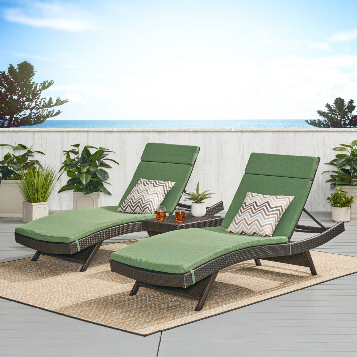 Lakeport 3pc Outdoor Wicker Chaise Lounge Chair & Table Set With Cushions - Jungle Green Cushion, Brown