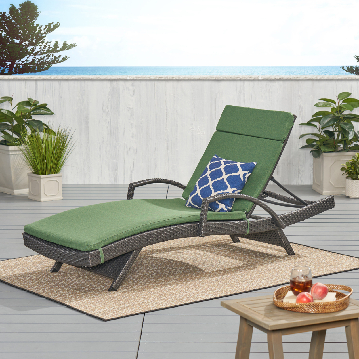 Solaris Outdoor Grey Wicker Armed Chaise Lounge With Water Resistant Cushion - Jungle Green
