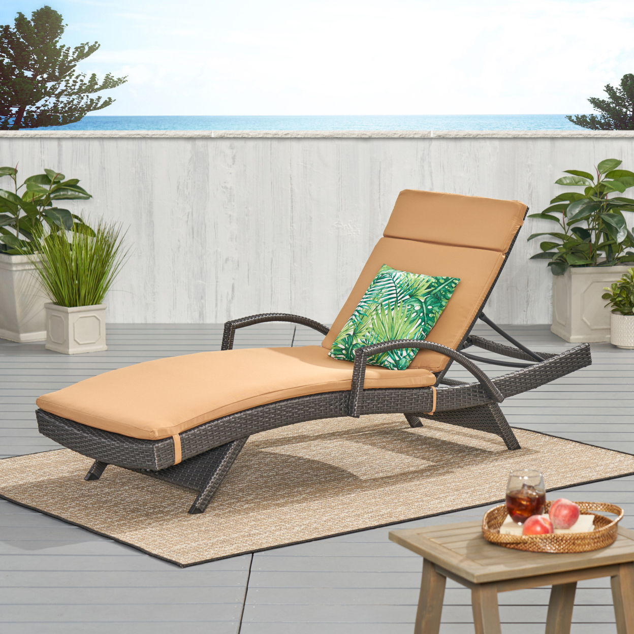 Solaris Outdoor Grey Wicker Armed Chaise Lounge With Water Resistant Cushion - Caramel