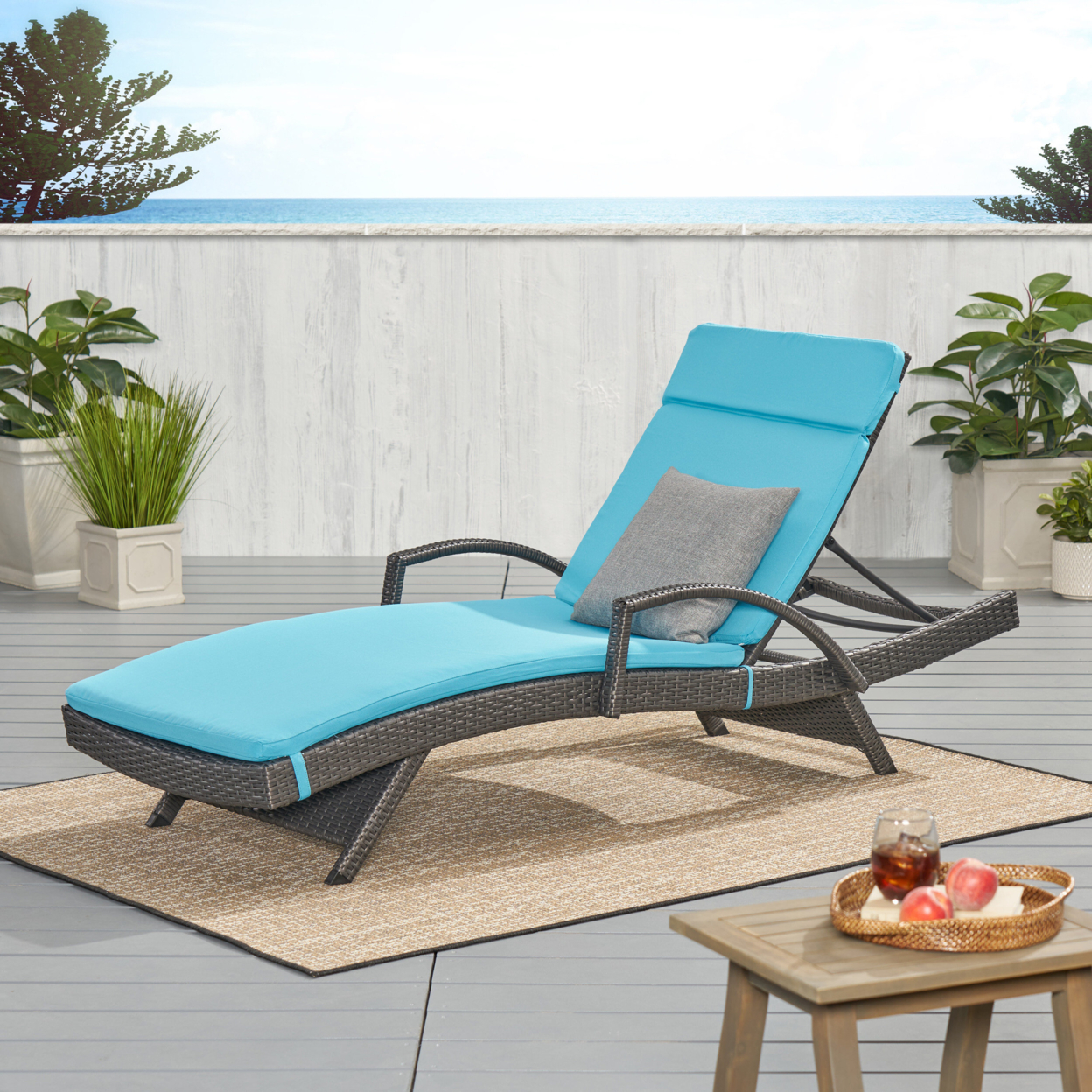 Solaris Outdoor Grey Wicker Armed Chaise Lounge With Water Resistant Cushion - Blue