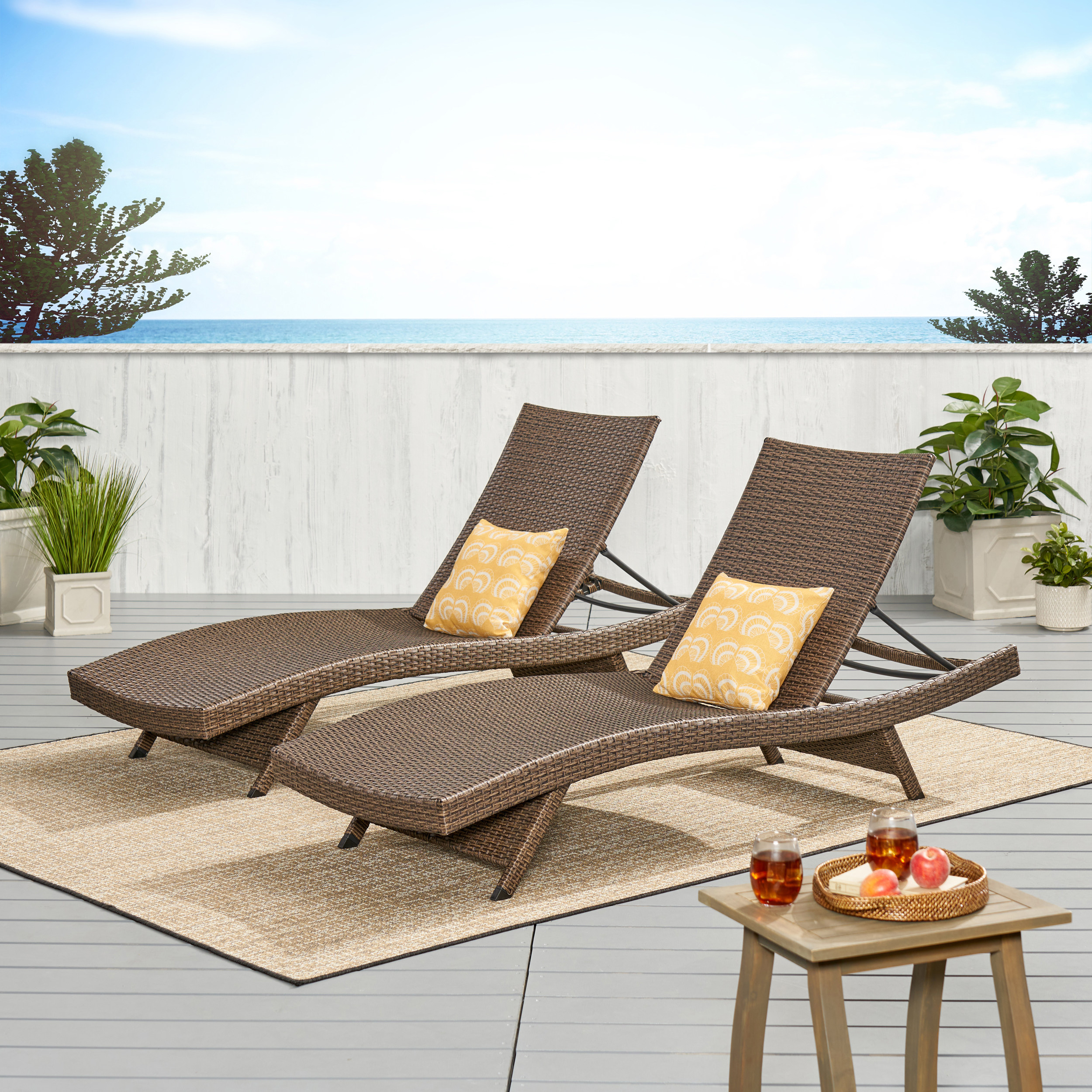 Thelma Outdoor Mixed Mocha Wicker Chaise Lounge With Aluminum Frame - Mixed Mocha, Set Of 2
