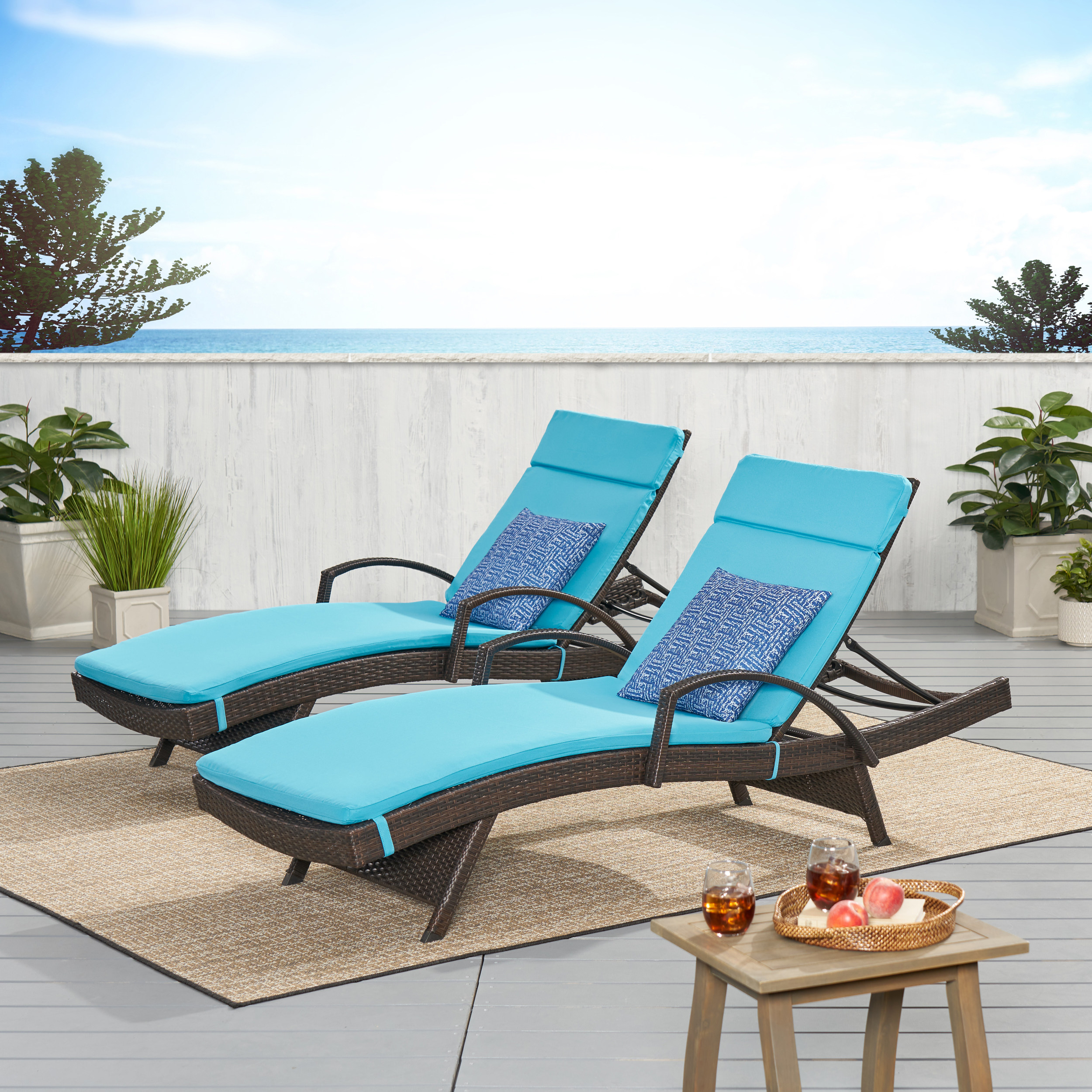 Lakeport Outdoor Wicker Armed Chaise Lounge Chairs With Cushions (set Of 2) - Blue Cushion