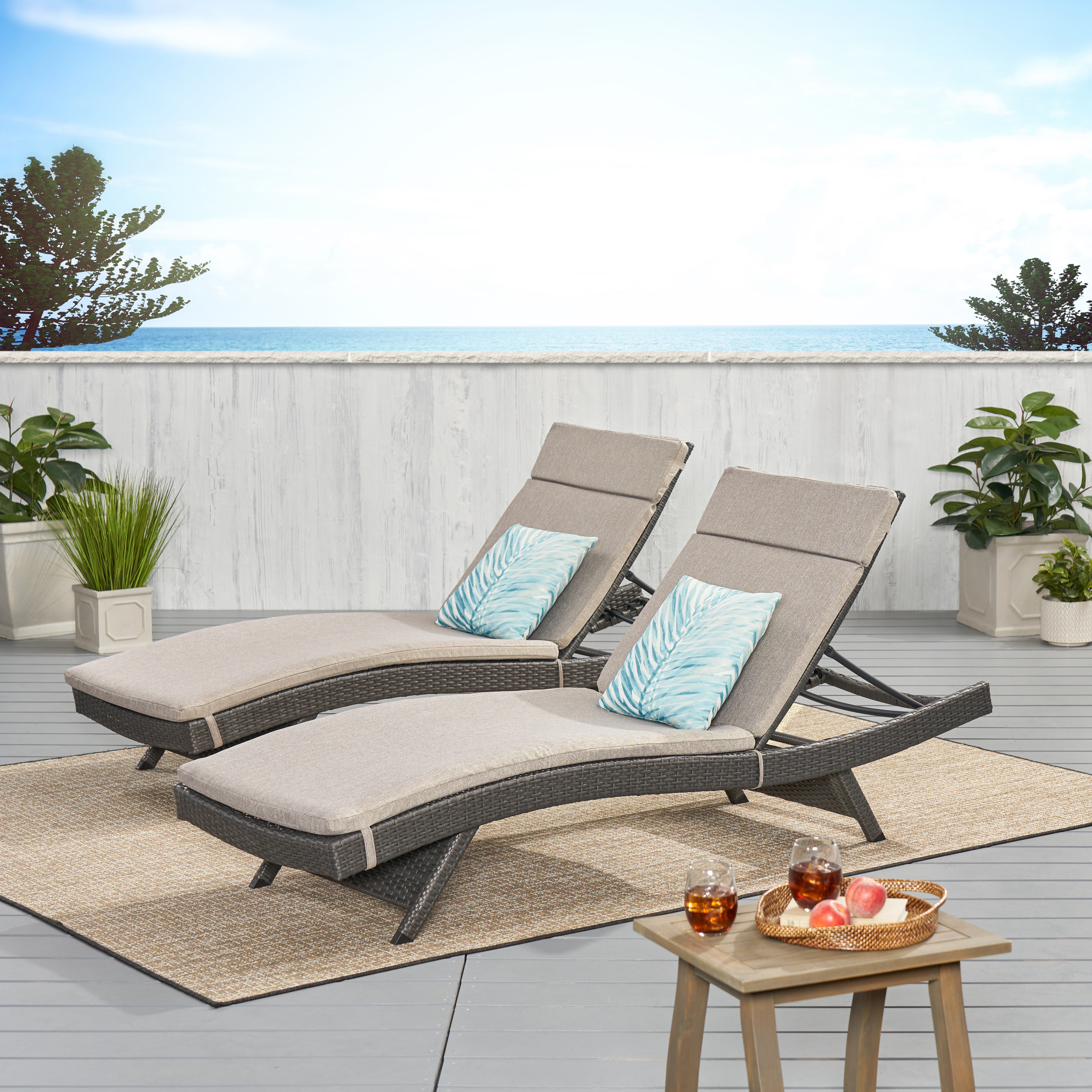 Nassau Outdoor Grey Wicker Adjustable Chaise Lounge With Charcoal Cushion (Set Of 2)
