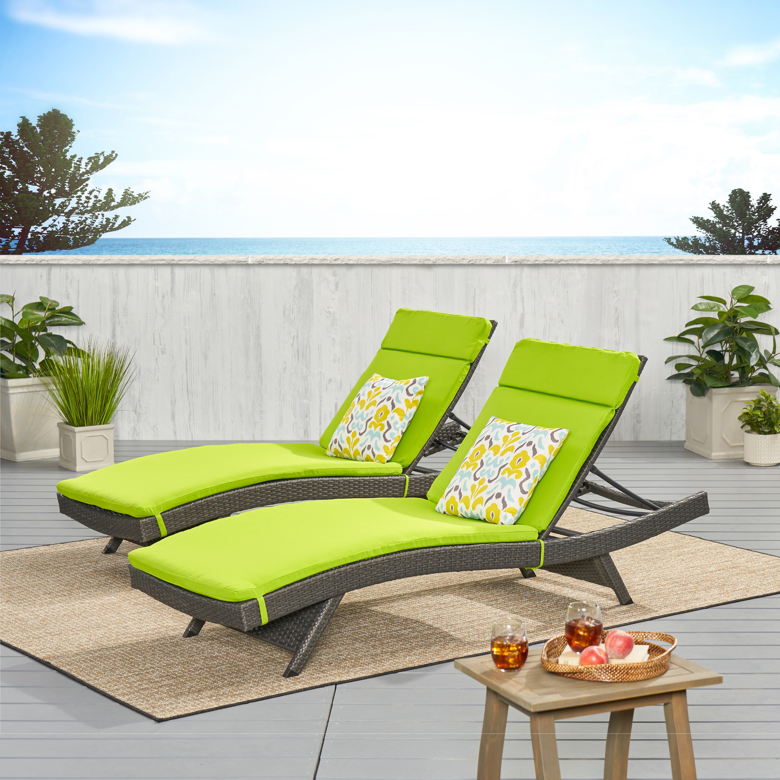 Nassau Outdoor Grey Wicker Adjustable Chaise Lounge With Green Cushion (Set Of 2)
