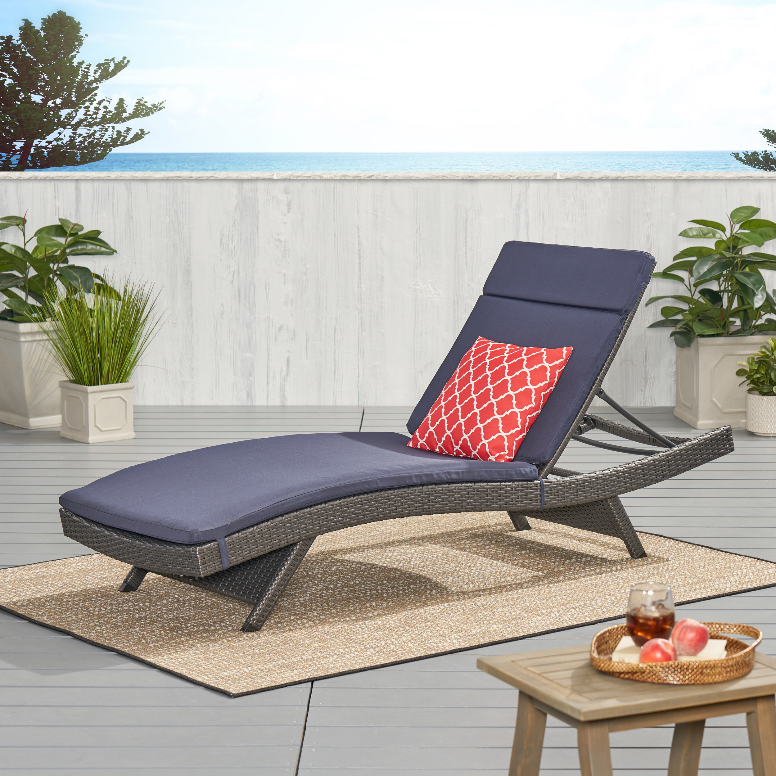 Nassau Outdoor Grey Wicker Adjustable Chaise Lounge With Navy Blue Cushion