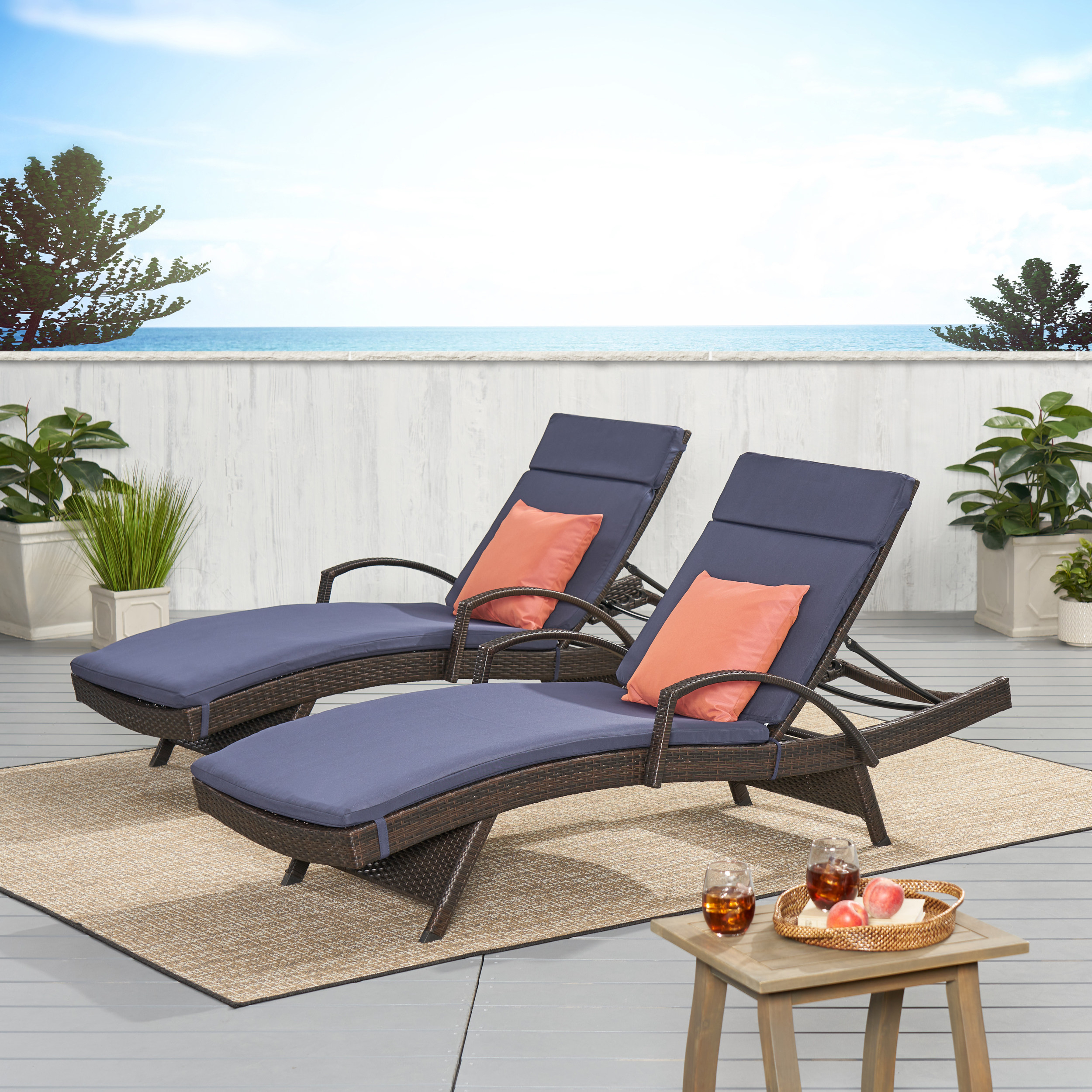 Lakeport Outdoor Wicker Armed Chaise Lounge Chairs With Cushions (set Of 2) - Navy Blue Cushion