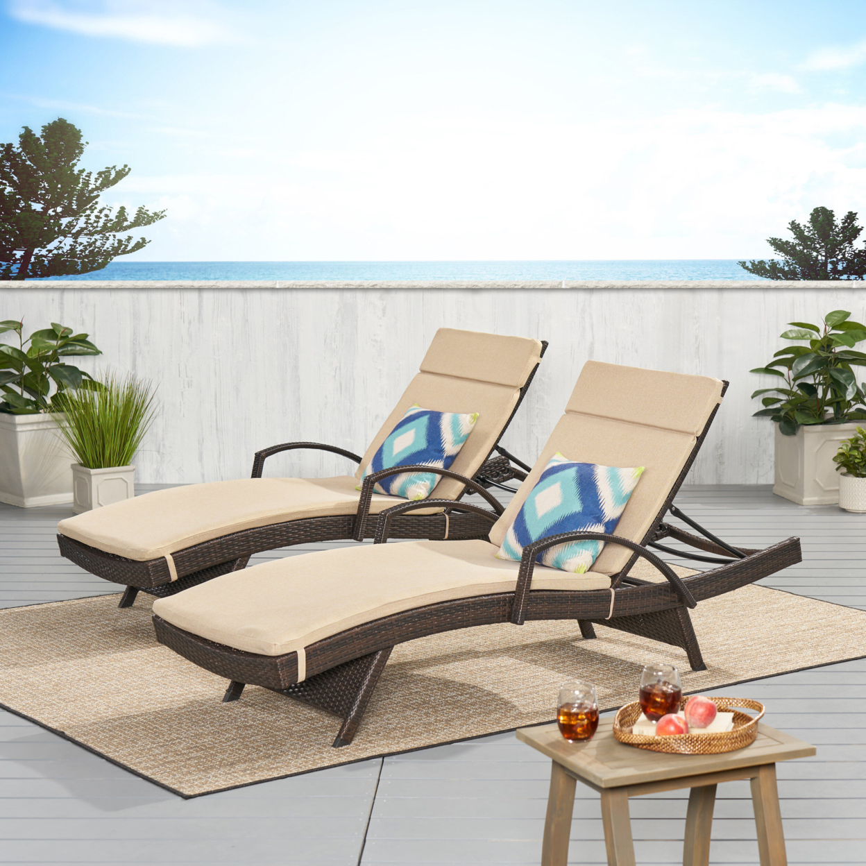 Lakeport Outdoor Wicker Armed Chaise Lounge Chairs With Cushions (set Of 2) - Beige