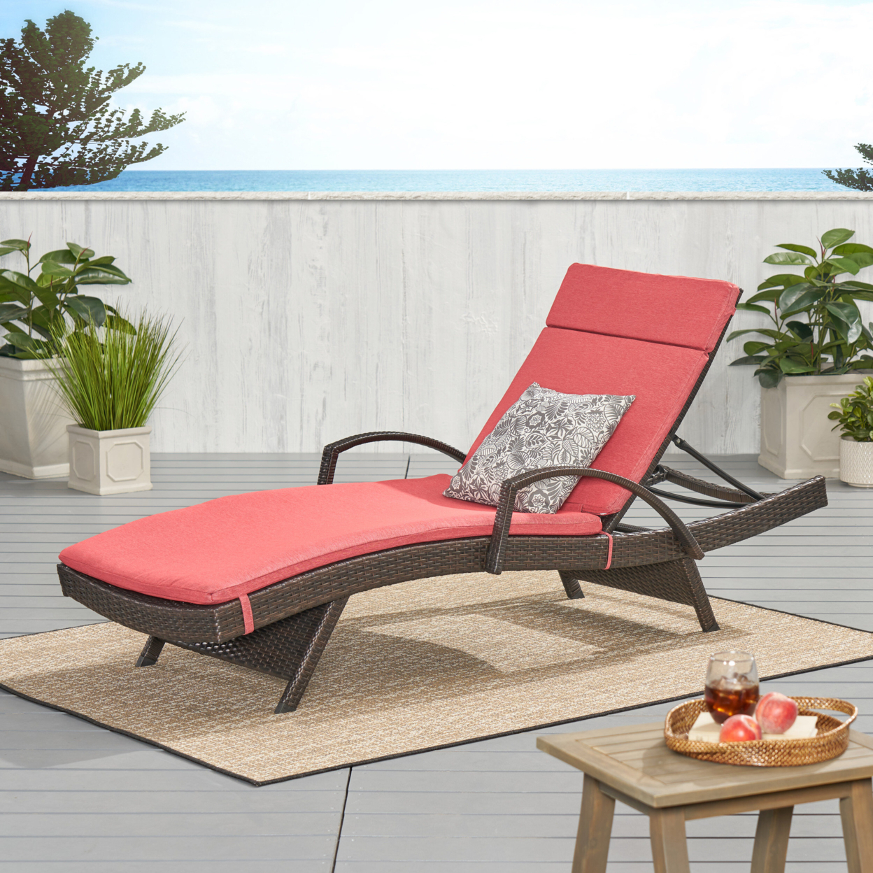 Lakeport Outdoor Adjustable Armed Chaise Lounge Chair With Cushion - Red Cushion