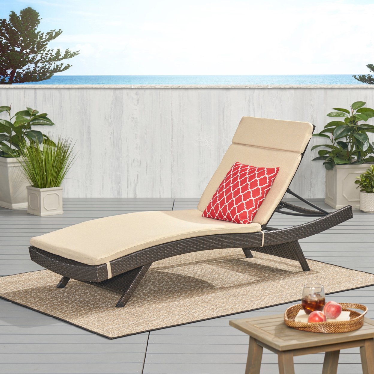Lakeport Outdoor Adjustable Chaise Lounge Chair With Cushion - Textured Beige Cushion