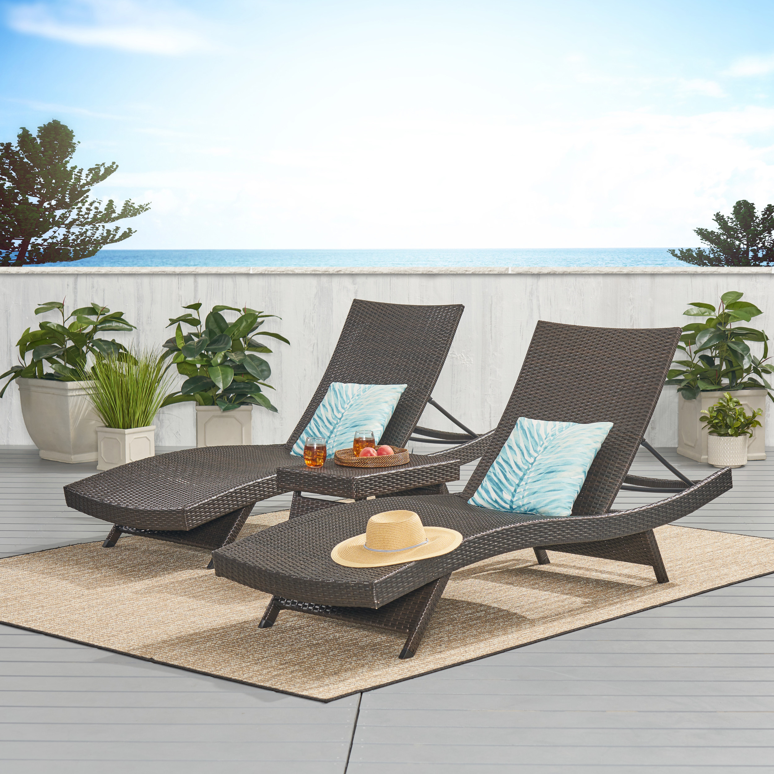Lakeport 3pc Outdoor Wicker Chaise Lounge & Table Set