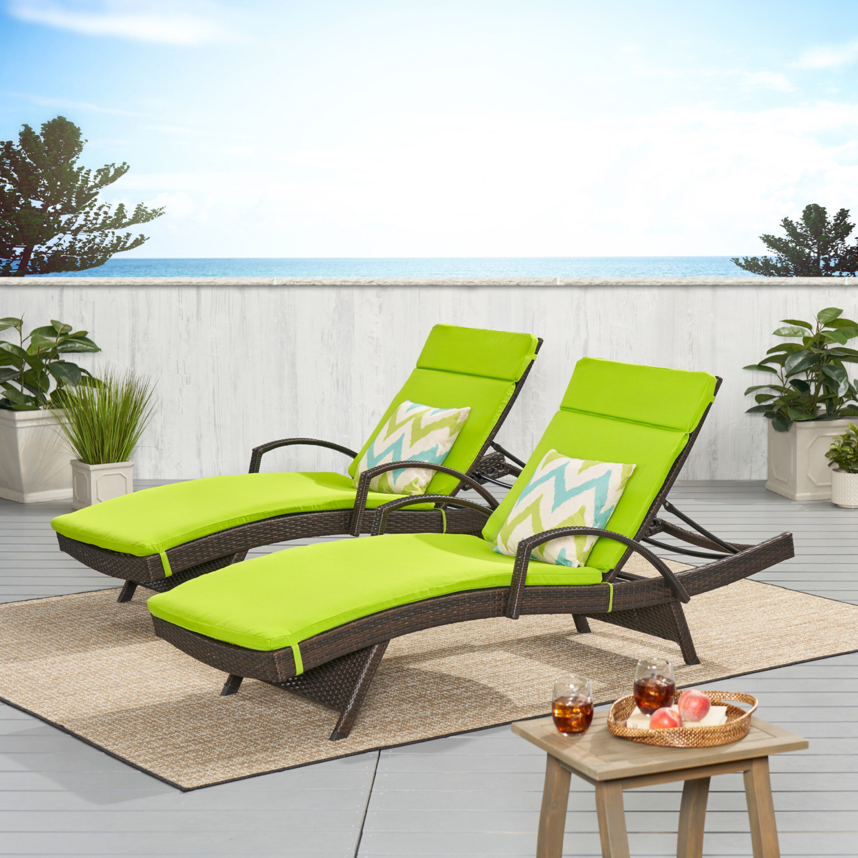 Lakeport Outdoor Wicker Armed Chaise Lounge Chairs With Cushions (set Of 2) - Green Cushion