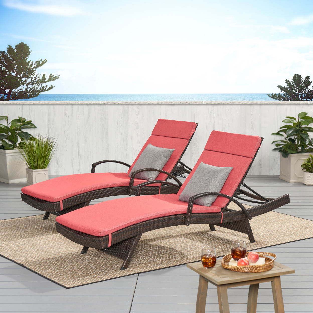 Lakeport Outdoor Wicker Armed Chaise Lounge Chairs With Cushions (set Of 2) - Red Cushion