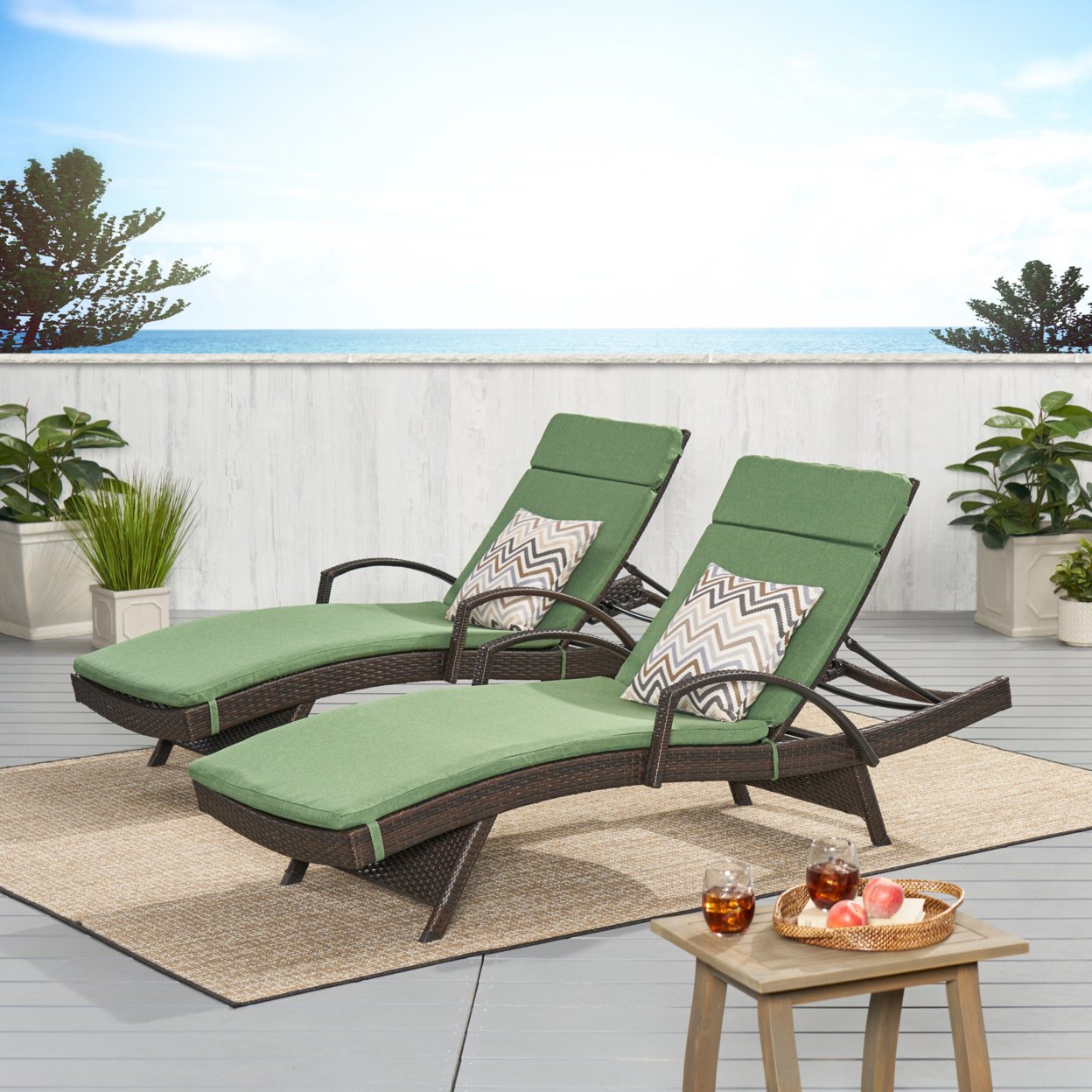 Lakeport Outdoor Wicker Armed Chaise Lounge Chairs With Cushions (set Of 2) - Jungle Green Cushion