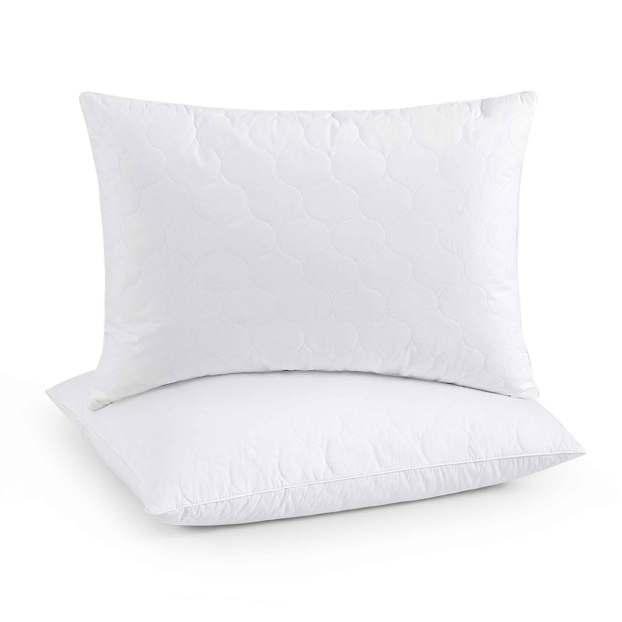 2 Pack Quilted Goose Feather And Down Pillow, Breathable Cotton Cover, Medium Support - King