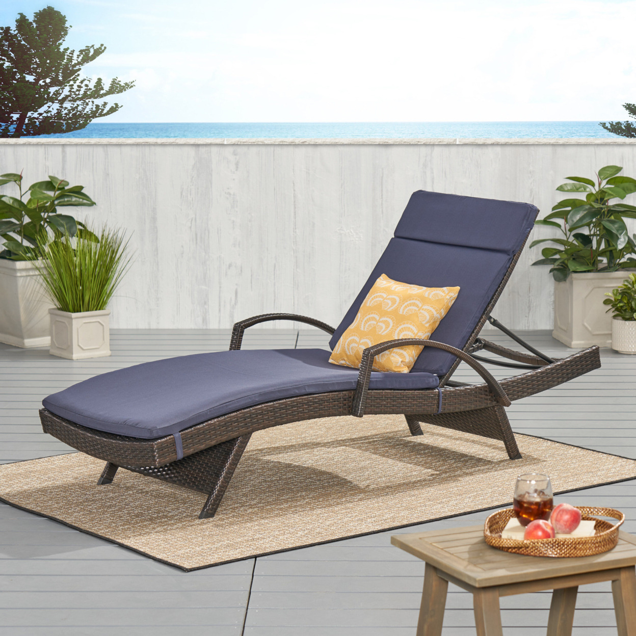 Lakeport Outdoor Adjustable Armed Chaise Lounge Chair With Cushion - Navy Blue Cushion