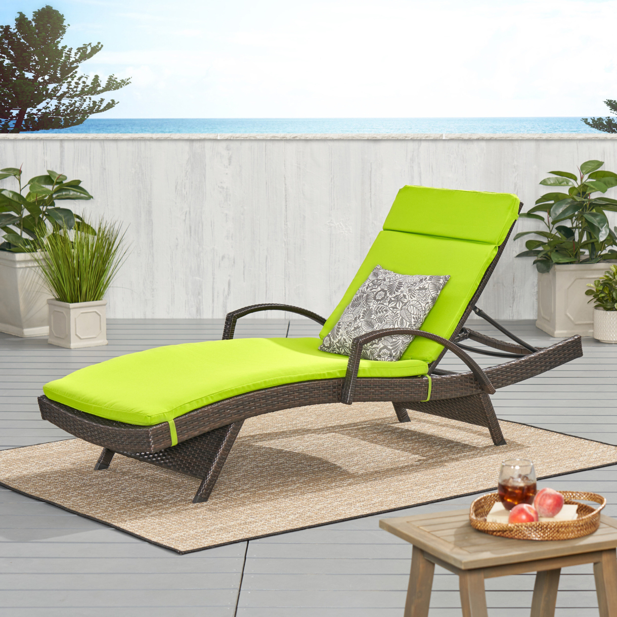 Lakeport Outdoor Adjustable Armed Chaise Lounge Chair With Cushion - Green Cushion