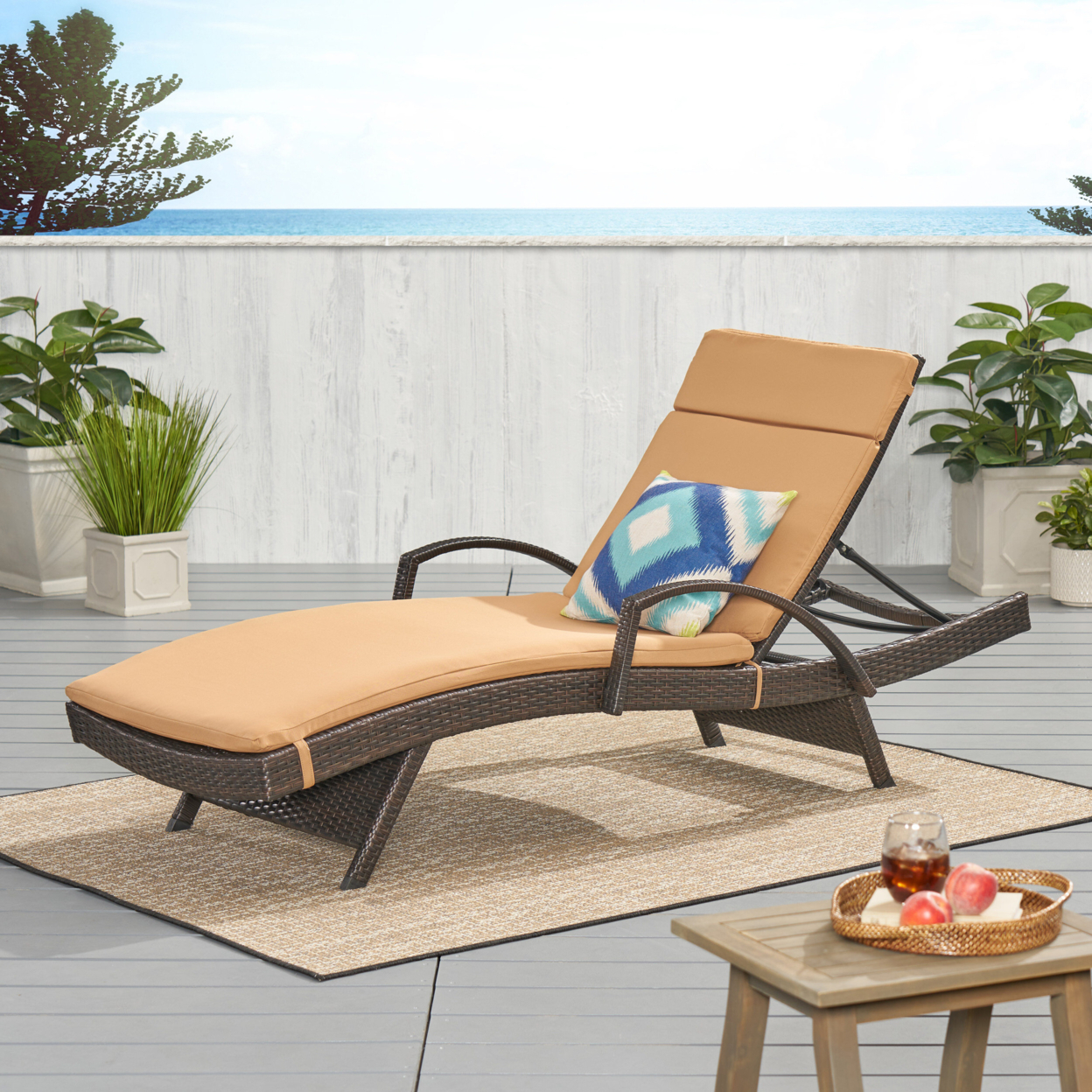 Lakeport Outdoor Adjustable Armed Chaise Lounge Chair With Cushion - Caramel Cushion