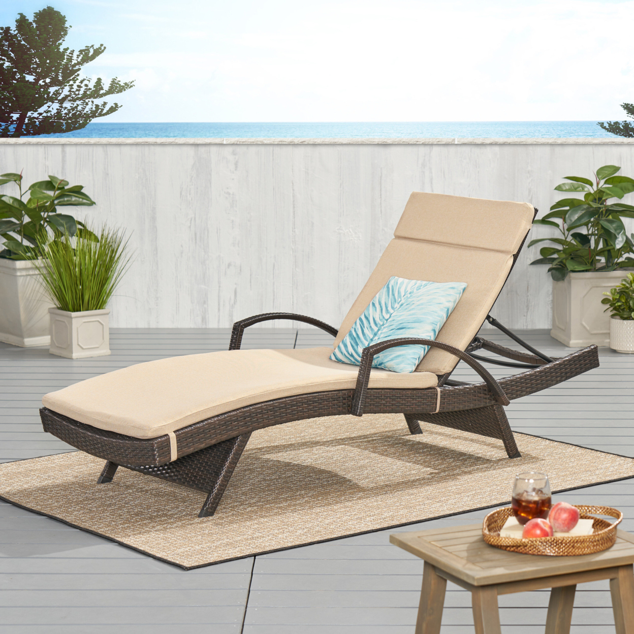 Lakeport Outdoor Adjustable Armed Chaise Lounge Chair With Cushion - Textured Beige Cushion