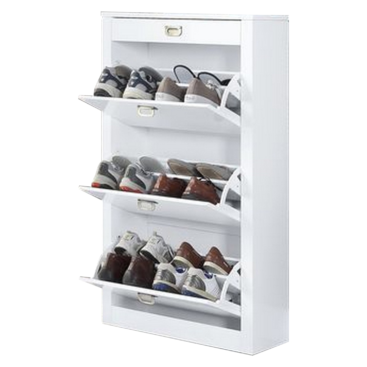 Shoe Cabinet With 3 Drop Down Storage And Wooden Frame, White- Saltoro Sherpi