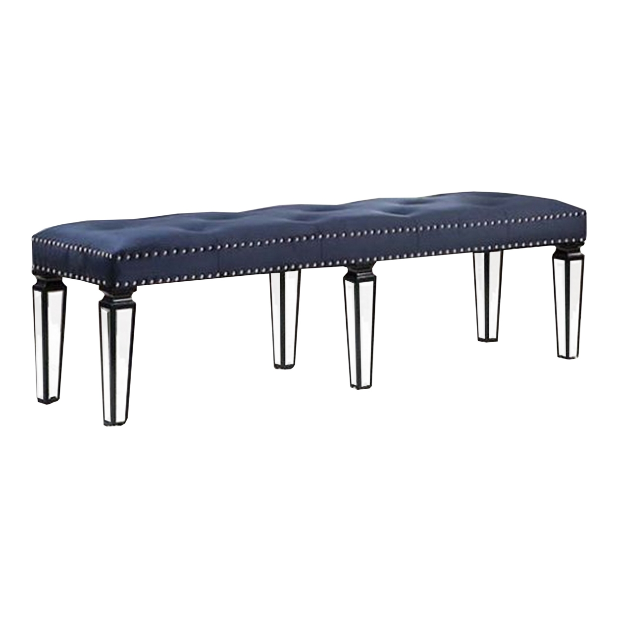 Bench With Button Tufting And Mirror Tapered Legs, Blue- Saltoro Sherpi