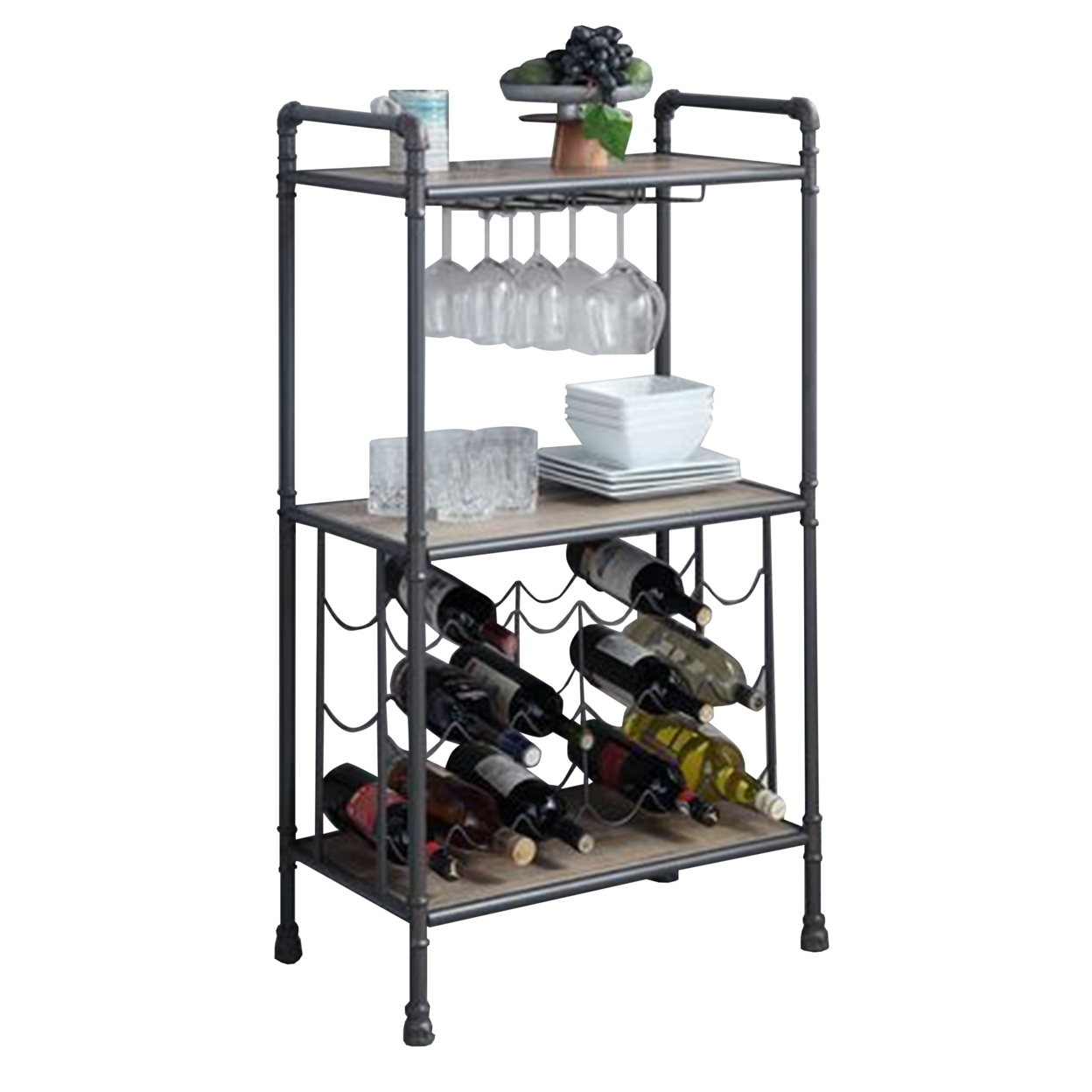 Wine Bottle Rack With 2 Tier Shelves And Metal Frame, Gray- Saltoro Sherpi