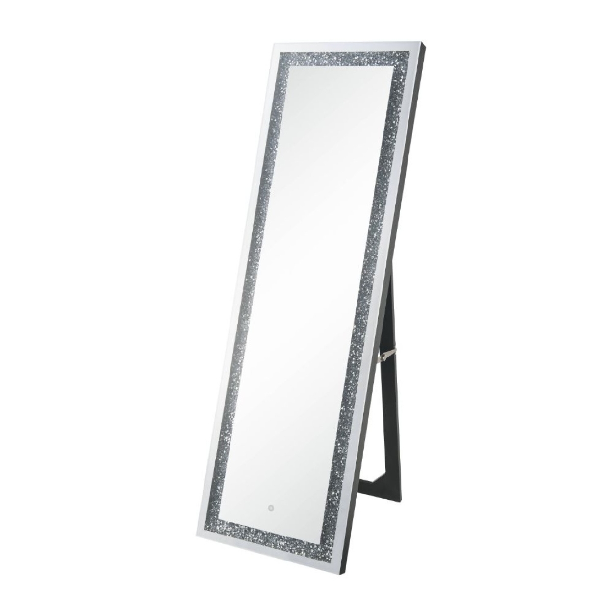 Floor Mirror With LED Light And Faux Diamonds Inlay, Silver- Saltoro Sherpi