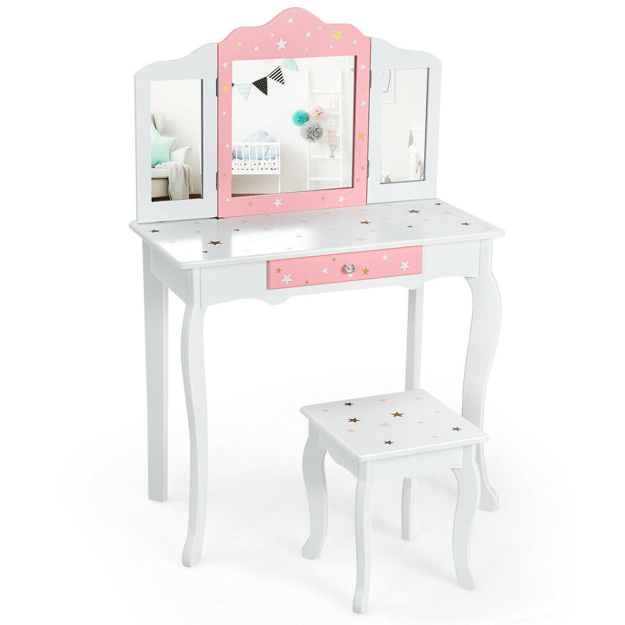 Kids Vanity Princess Makeup Dressing Table Chair Set W/ Tri-folding Mirror - White
