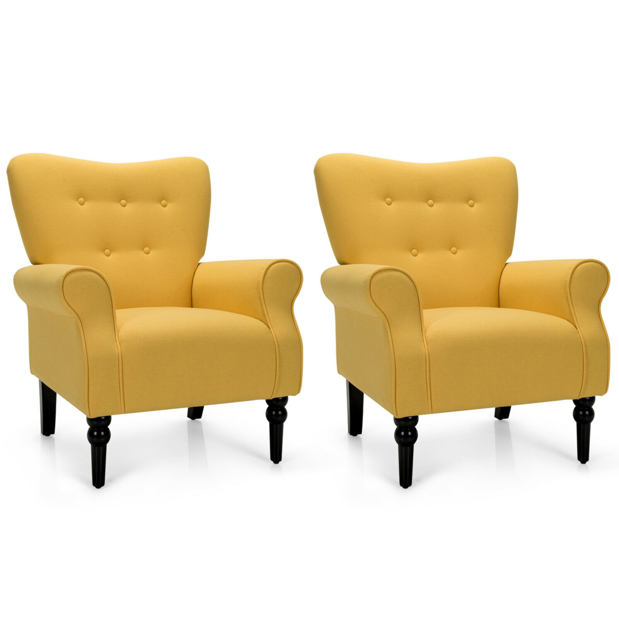 Set Of 2 Modern Accent Chairs W/ Tufted Back & Rubber Wood Legs - Yellow