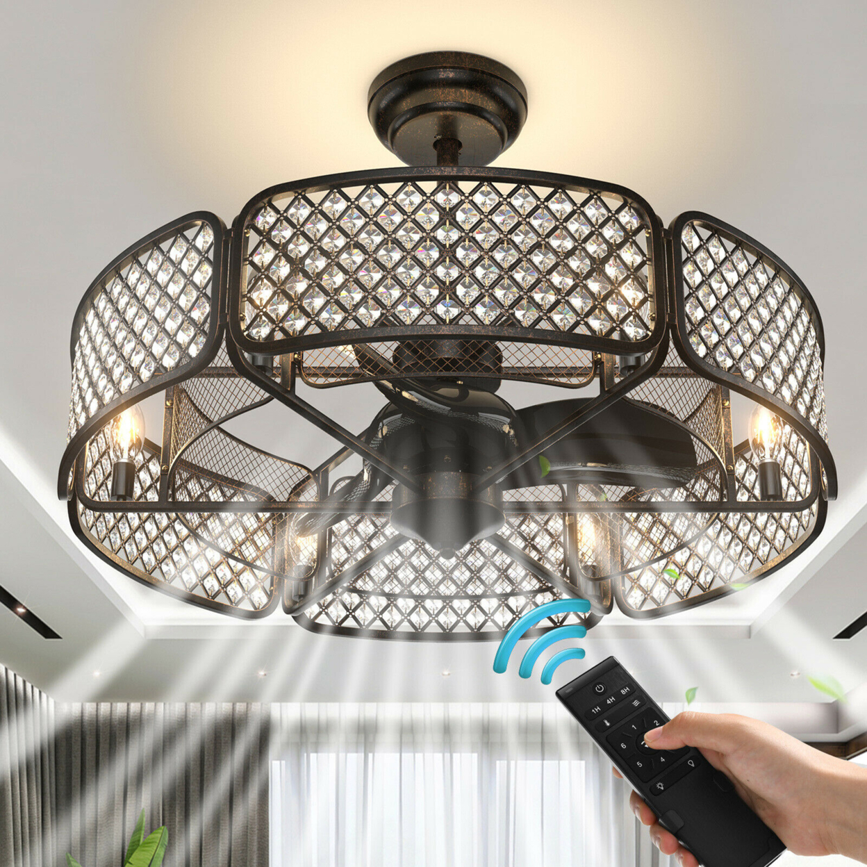 30'' Caged Ceiling Fan With Light Crystal Lampshade 6 Light Bases - Coffee