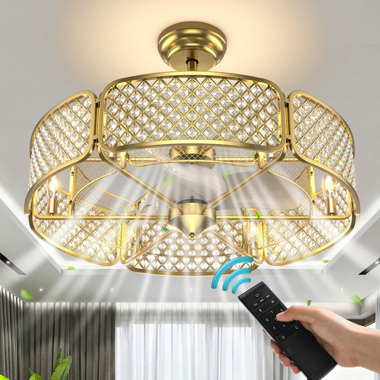 30'' Caged Ceiling Fan With Light Crystal Lampshade 6 Light Bases - Golden