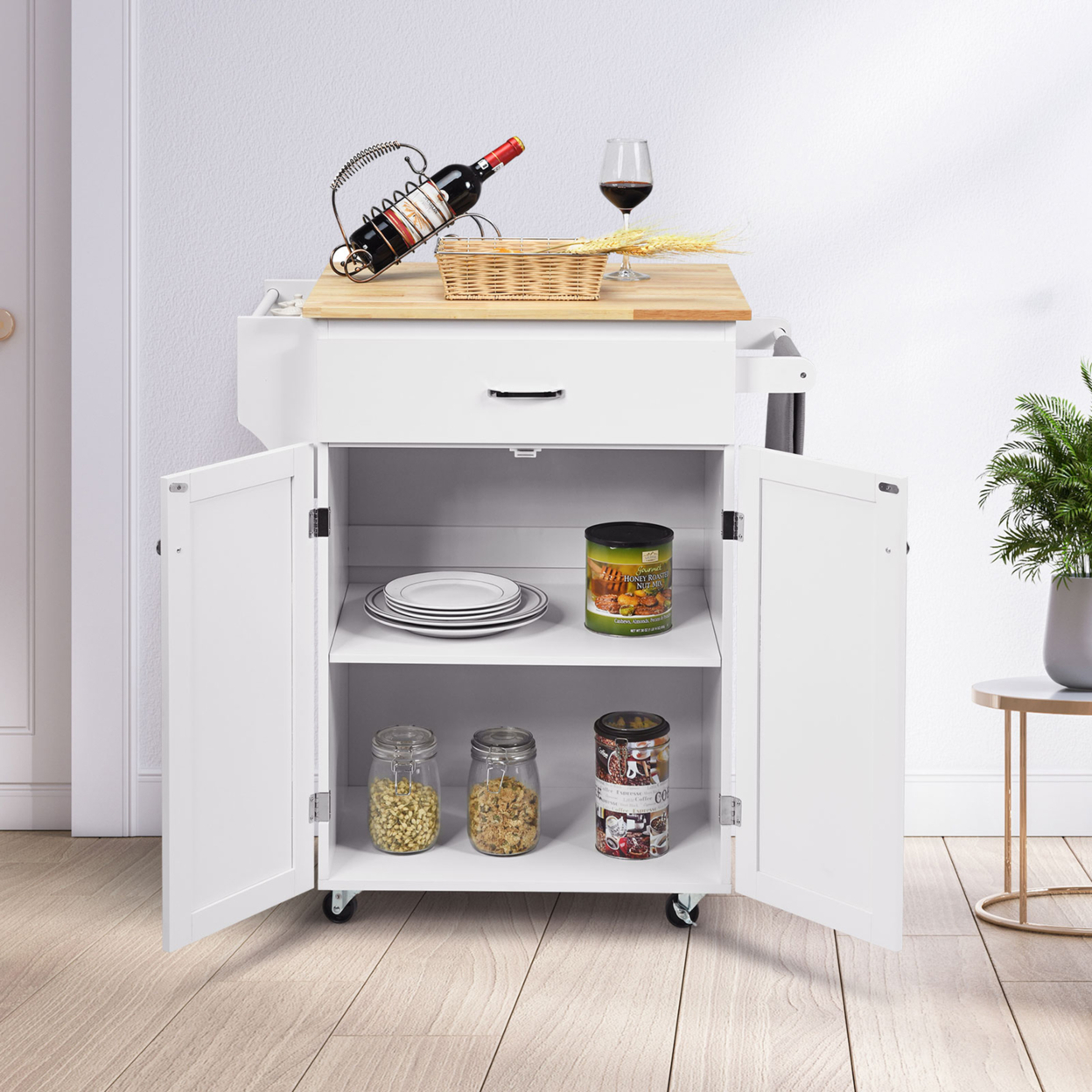 Rolling Kitchen Island Utility Kitchen Cart Storage Cabinet Brown/White - White