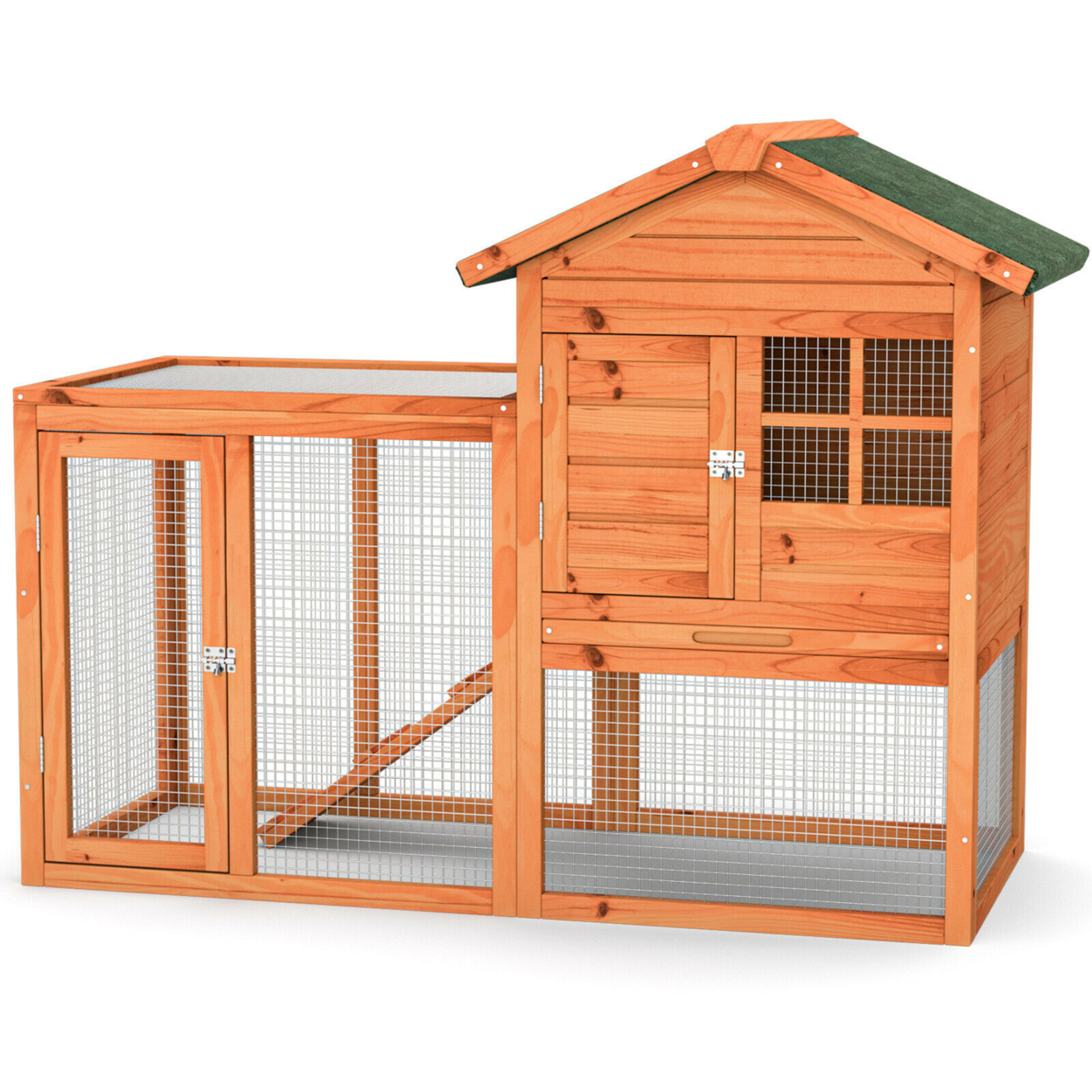 Wooden Chicken Coop 2-Story Rabbit Hutch Indoor Outdoor Use - Nature + Green