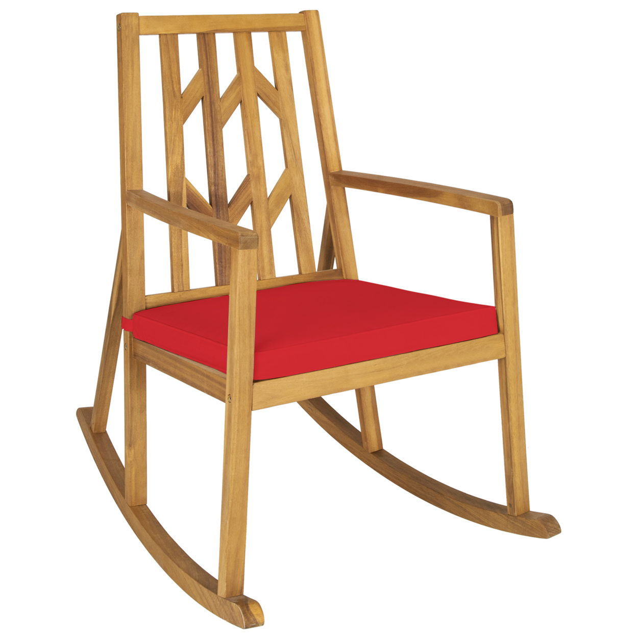 Outdoor Acacia Wood Rocking Chair Wooden Patio Rocker W/ Red Cushion