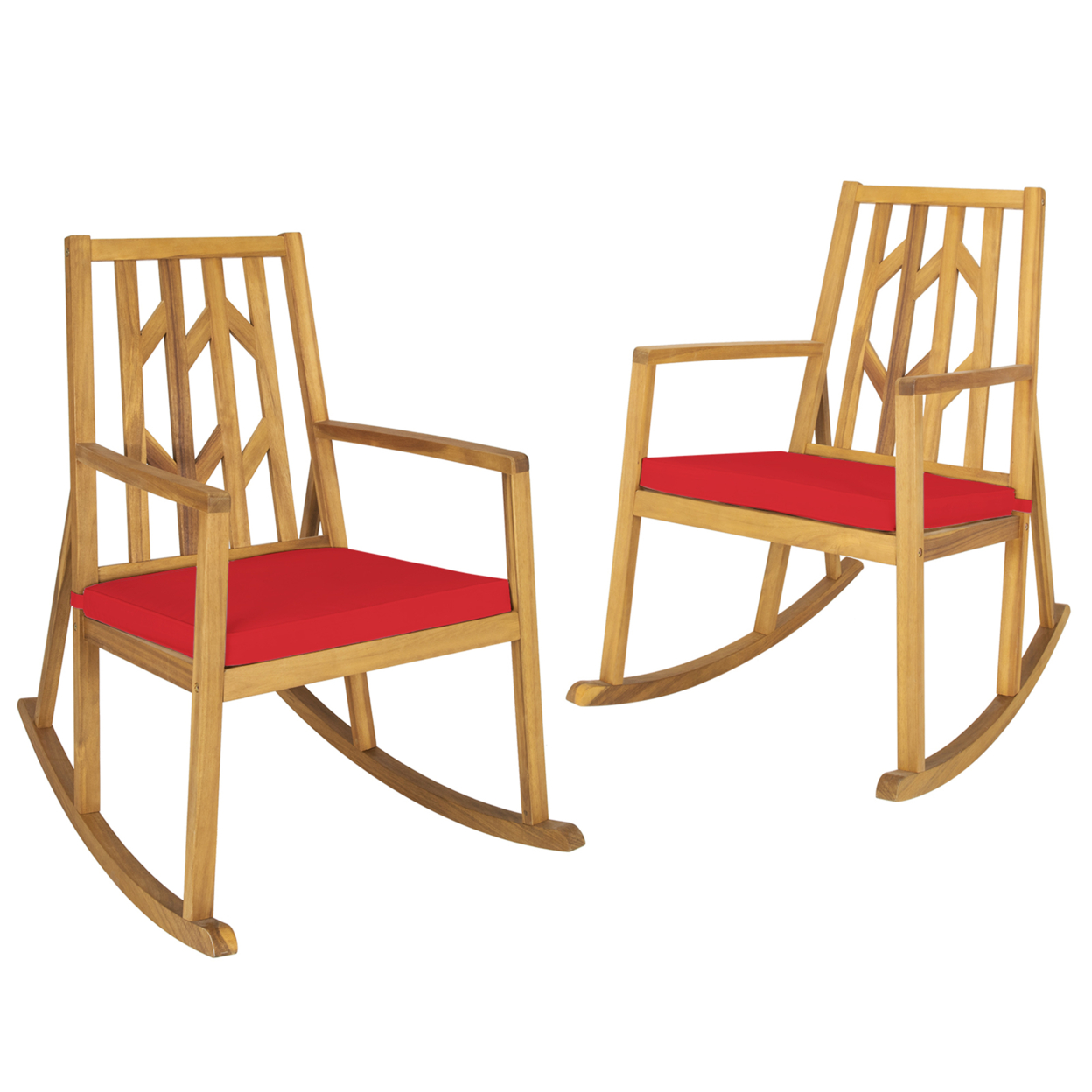 Set Of 2 Outdoor Acacia Wood Rocking Chair Wooden Patio Rocker W/ Red Cushion