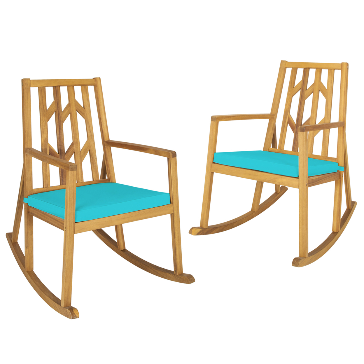 Set Of 2 Outdoor Acacia Wood Rocking Chair Wooden Patio Rocker W/ Turquoise Cushion