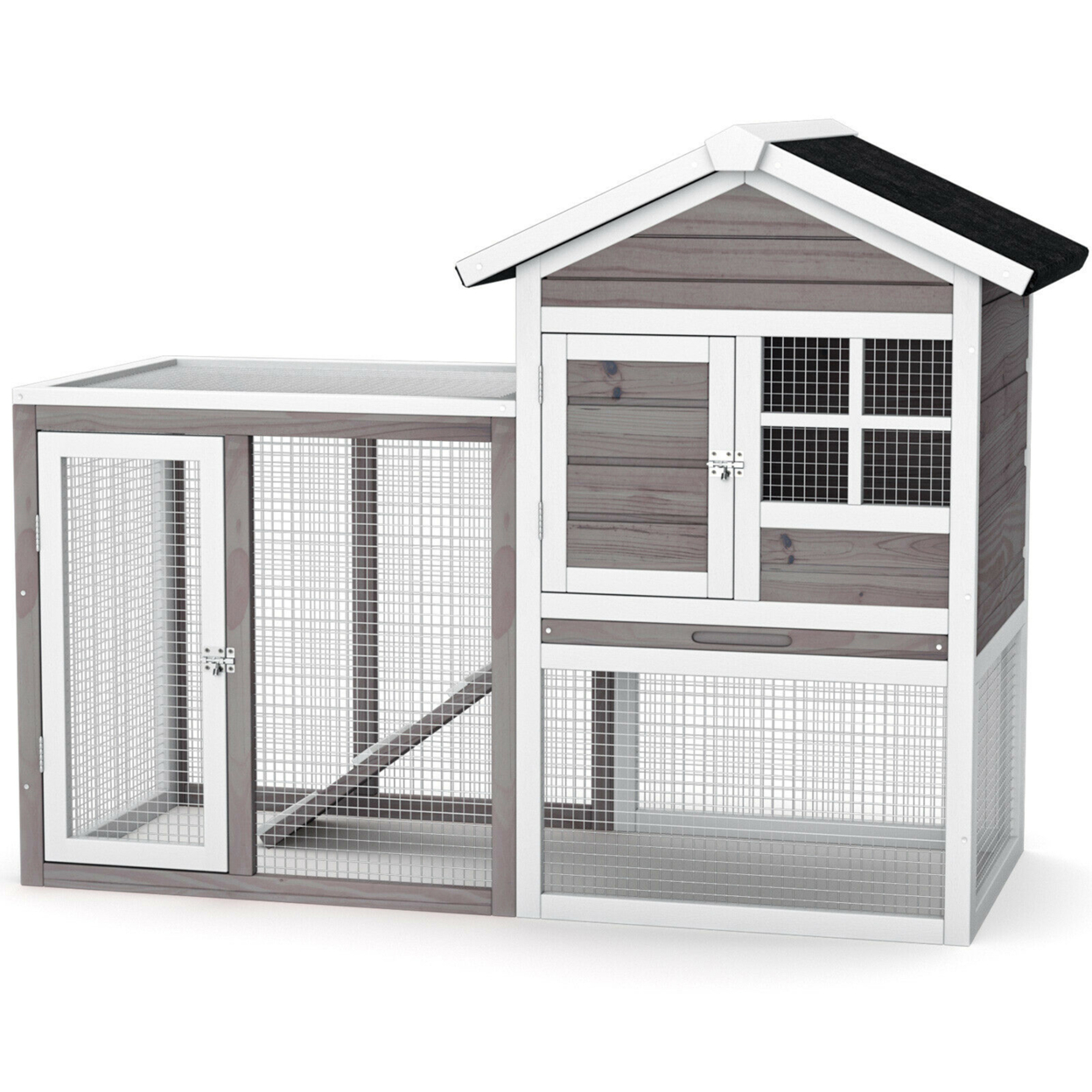 Wooden Chicken Coop 2-Story Rabbit Hutch Indoor Outdoor Use - Gray + White + Black