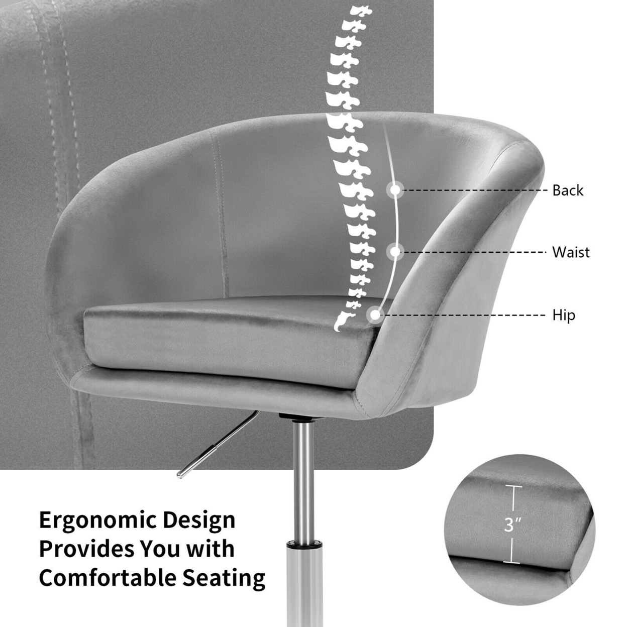Modern Velvet Chair Height Adjustable Bar Stool Swivel Makeup Seat - Grey