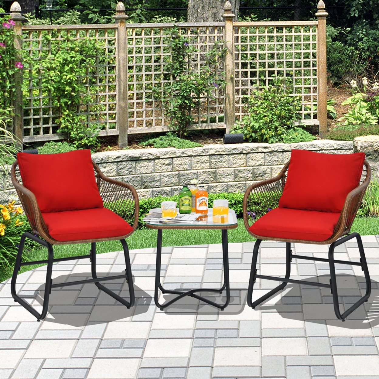 3PCS Outdoor Bistro Set Patio Conversation Furniture Set W/ Red Cushions