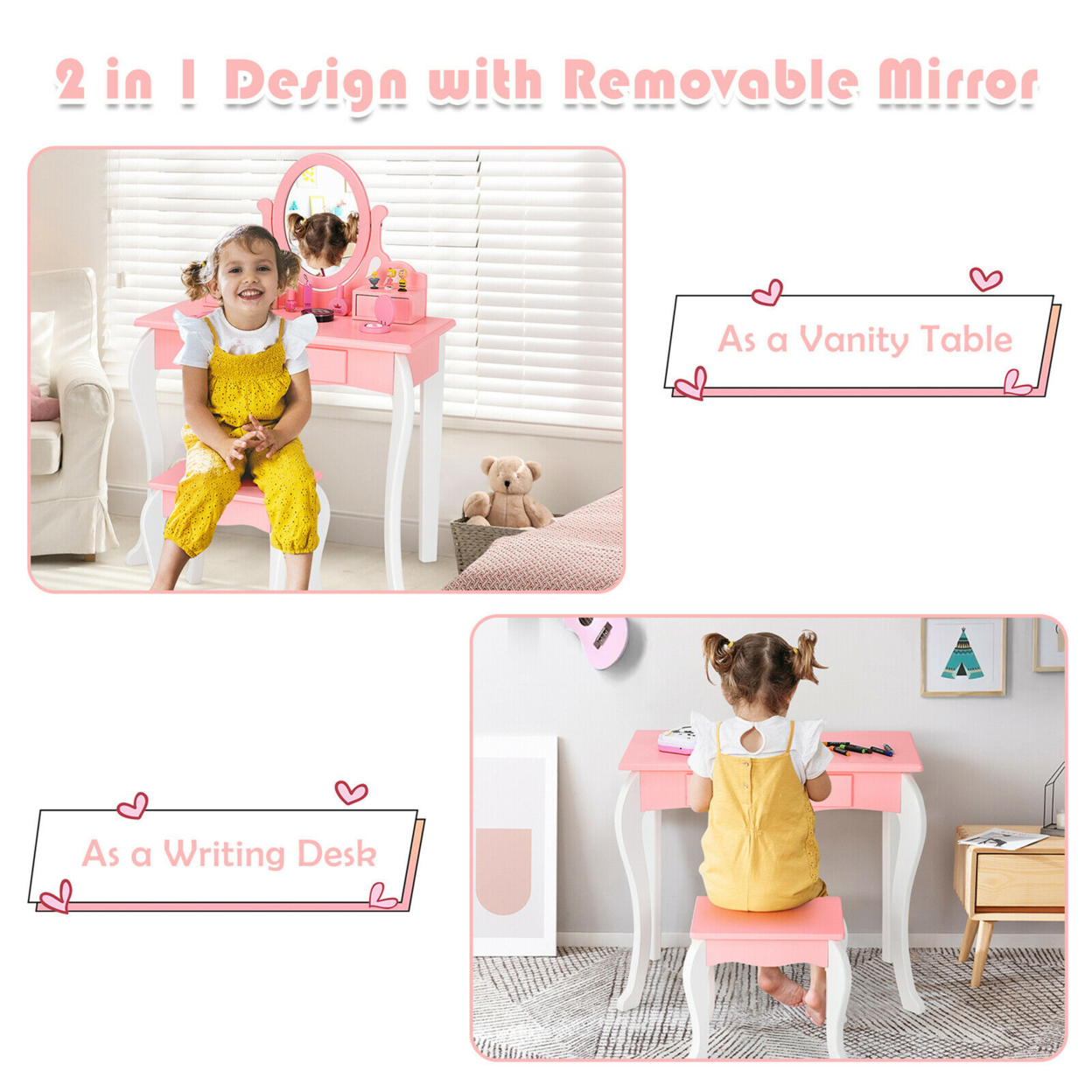 Kids Vanity Princess Makeup Dressing Table Stool Set W/ Mirror Drawer - White