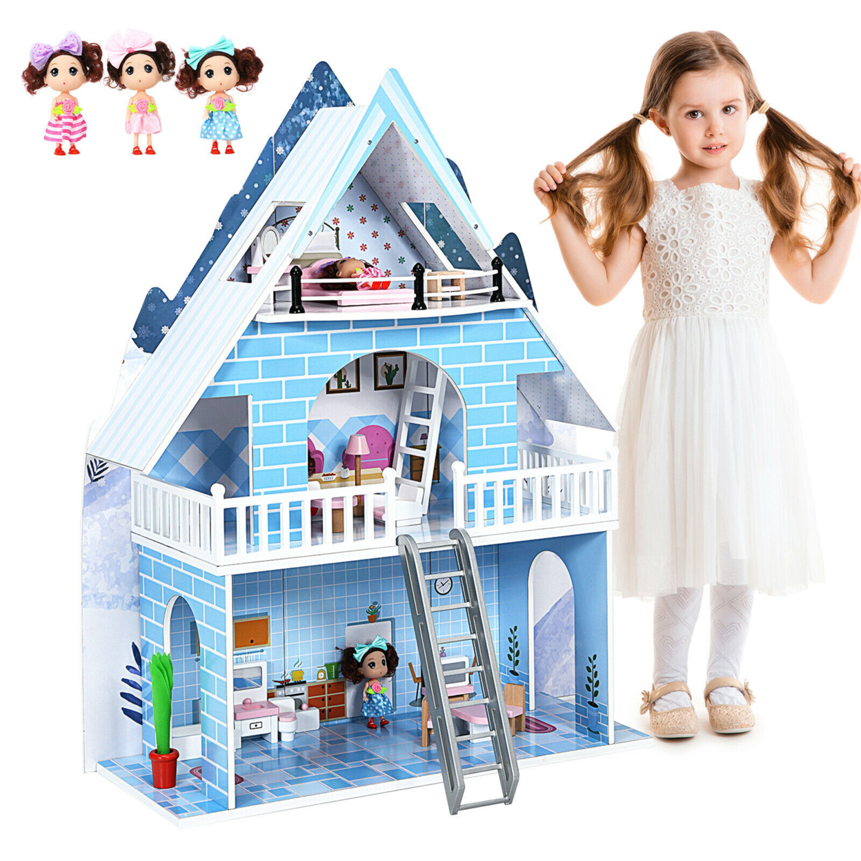 Wooden Dollhouse 3-Story Pretend Playset W/ Furniture & Doll Gift For Age 3+ Year